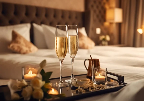 Luxuriöses Hotelzimmer mit Sekt am Bett für ein perfektes Escort Date