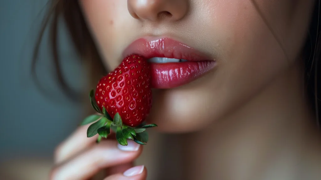 Escort Dame mit schönen Lippen beißt in Erdbeere