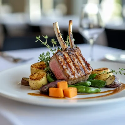 Lamm auf Gemüse, schön angerichtet von einem Gourmetrestaurant. Ein Beispielbild für eine Restaurantempfehlung auf der Seite Escort Hannover.