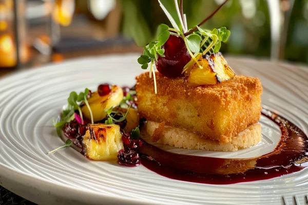 Feines Gourmetgericht mit paniertem Käse, Grillananas und Kirschsauce – kulinarisches Highlight im Rahmen eines Escort Frankfurt Dinners.