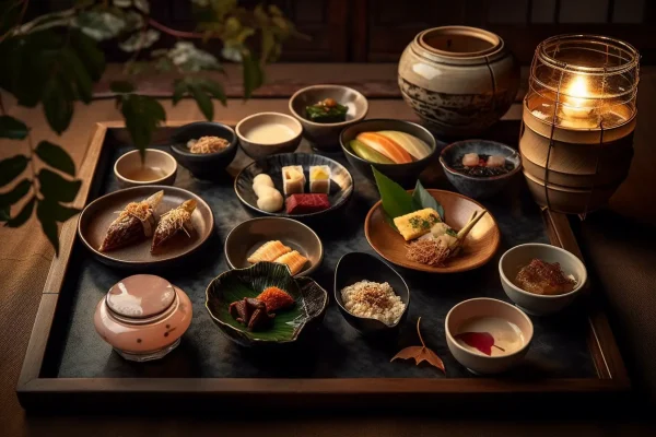 Aufwendig angerichtetes japanisches Kaiseki-Menü mit verschiedenen Delikatessen – exklusives Dinner-Erlebnis für Escort Frankfurt Gäste