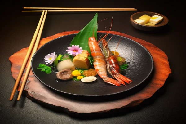 Kunstvoll angerichteter Teller mit Garnelen, Gemüse und Blüten – japanische Gourmetküche als Teil eines Escort Frankfurt Abends